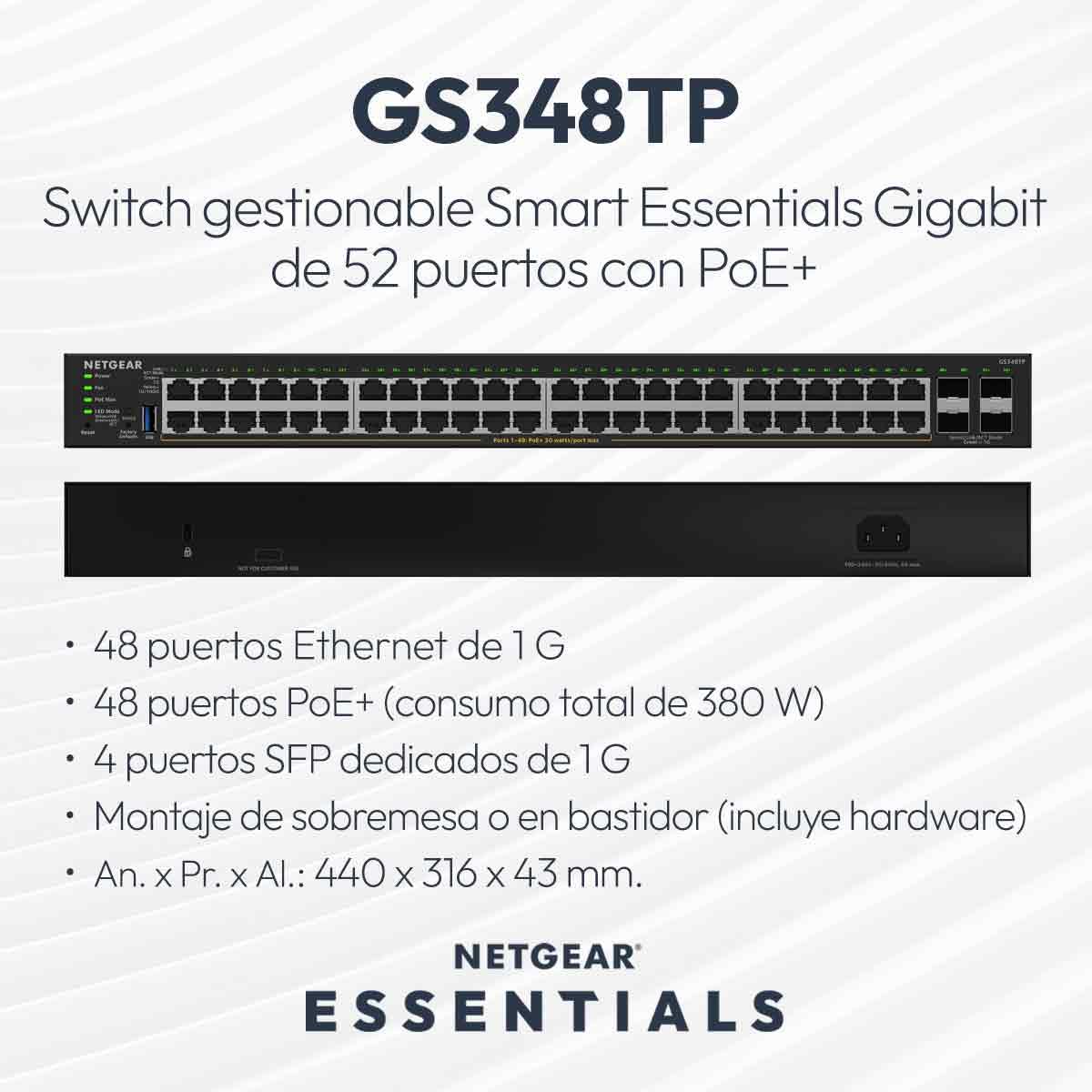 NETGEAR Switch PoE+ Smart Managed Essentials de 52 Puertos Gigabit Ethernet de la Serie S350 – 48 x 1 G PoE+ a 380 W, 4 x 1 G dedicado SFP – Soporte en Escritorio o en Rack (GS324TPv2)