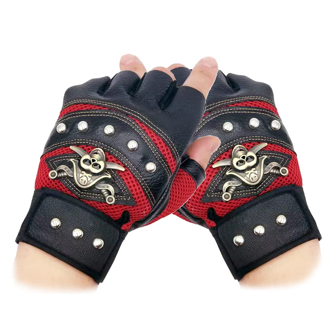 Tsangbaby Half Finger Gloves Motorcycle Riding Gloves Skull Crossbones Pirate Outdoor Sports Gloves Rock Climbing Gloves Red
