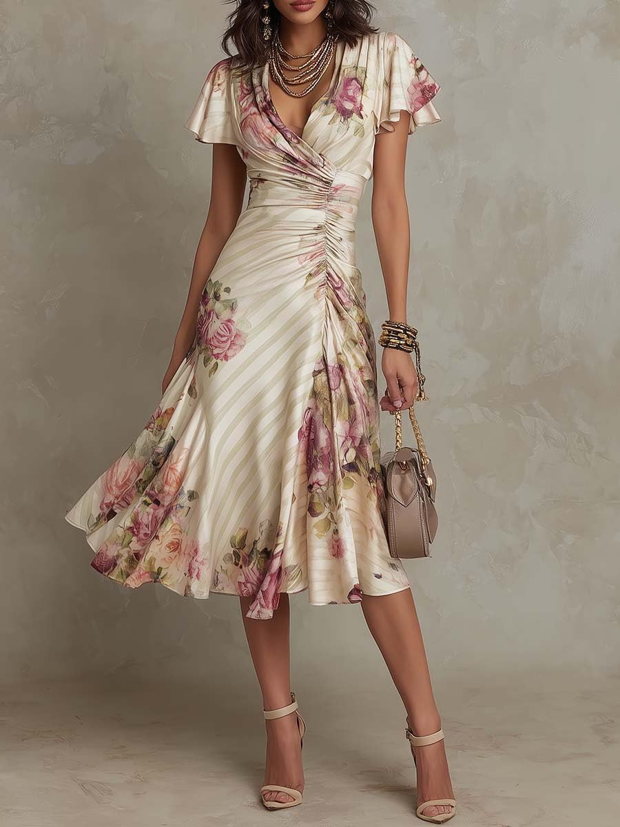 Vestito Donna Abito Midi Floreale in Raso per Donna Estivo Elegante con Maniche A Volant Scollo A V Profondo Abito A Portafoglio Arricciato Abito Boho Color Albicocca in Seta A Trapezio A