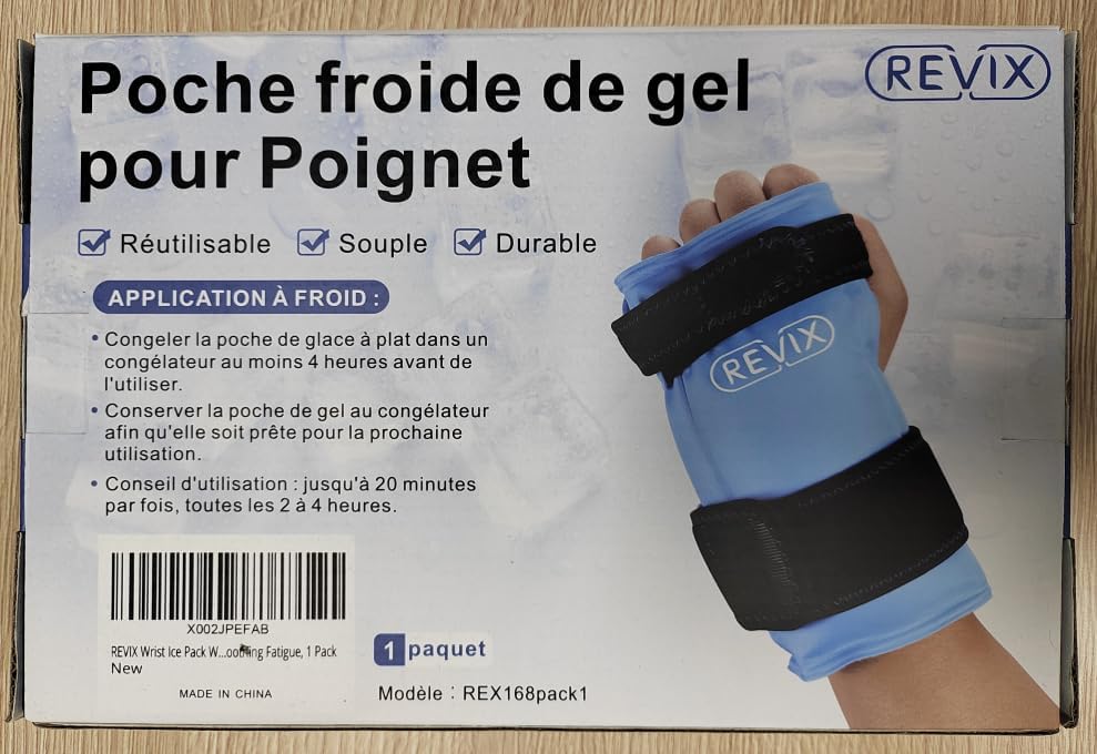 Side of REVIX Gel Cold Pack for Wrist packaging with caution text in English.