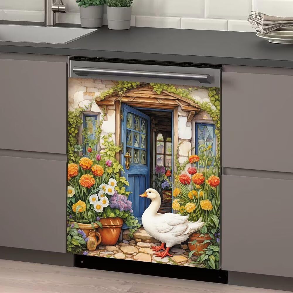 Flower and Goose Dishwasher Magnets Decorative Cover,Retro Farmhouse Refrigerator Door Magnetic Decal,Kitchen Decor Appliance Panel Magnet Sticker,23" x 26" Magnetic