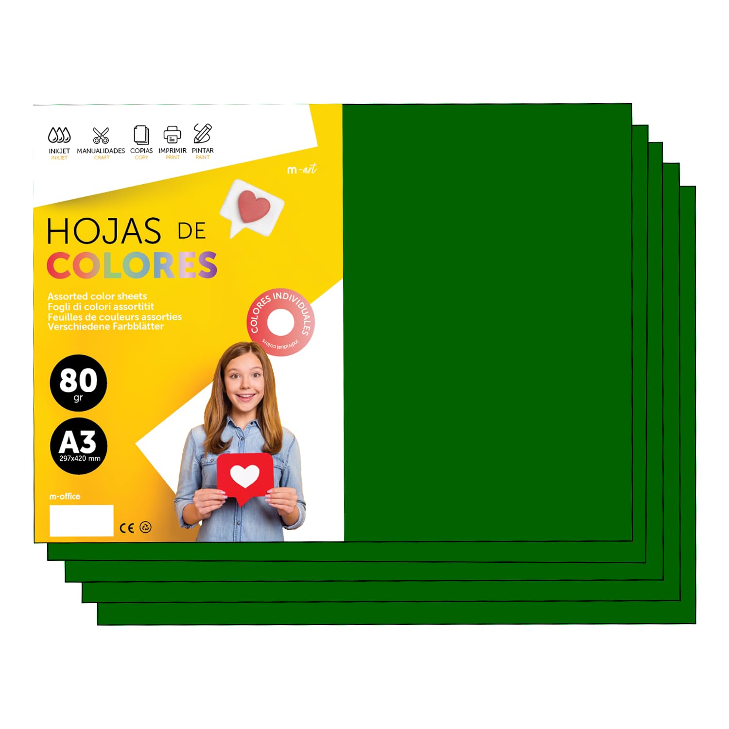 Colourful Paper A3 80 g for Printers & Crafts, Coloured Sheets for Children, Creative Projects, Cards & School m-Office (250 Sheets, Dark Green) โ image 1