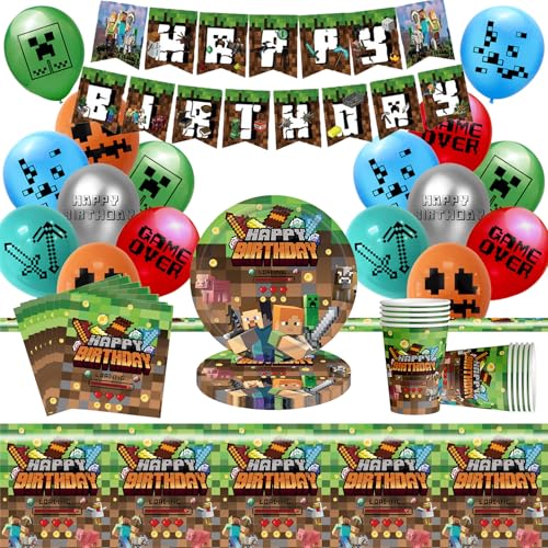 60 Pezzi Decorazioni Compleanno Miner, Set di Stoviglie Compleanno per Bambini, Miner Decorazioni per Feste Compleanno, Palloncini, Piatti, Bicchieri, Tovaglioli, Tovaglie, Striscioni
