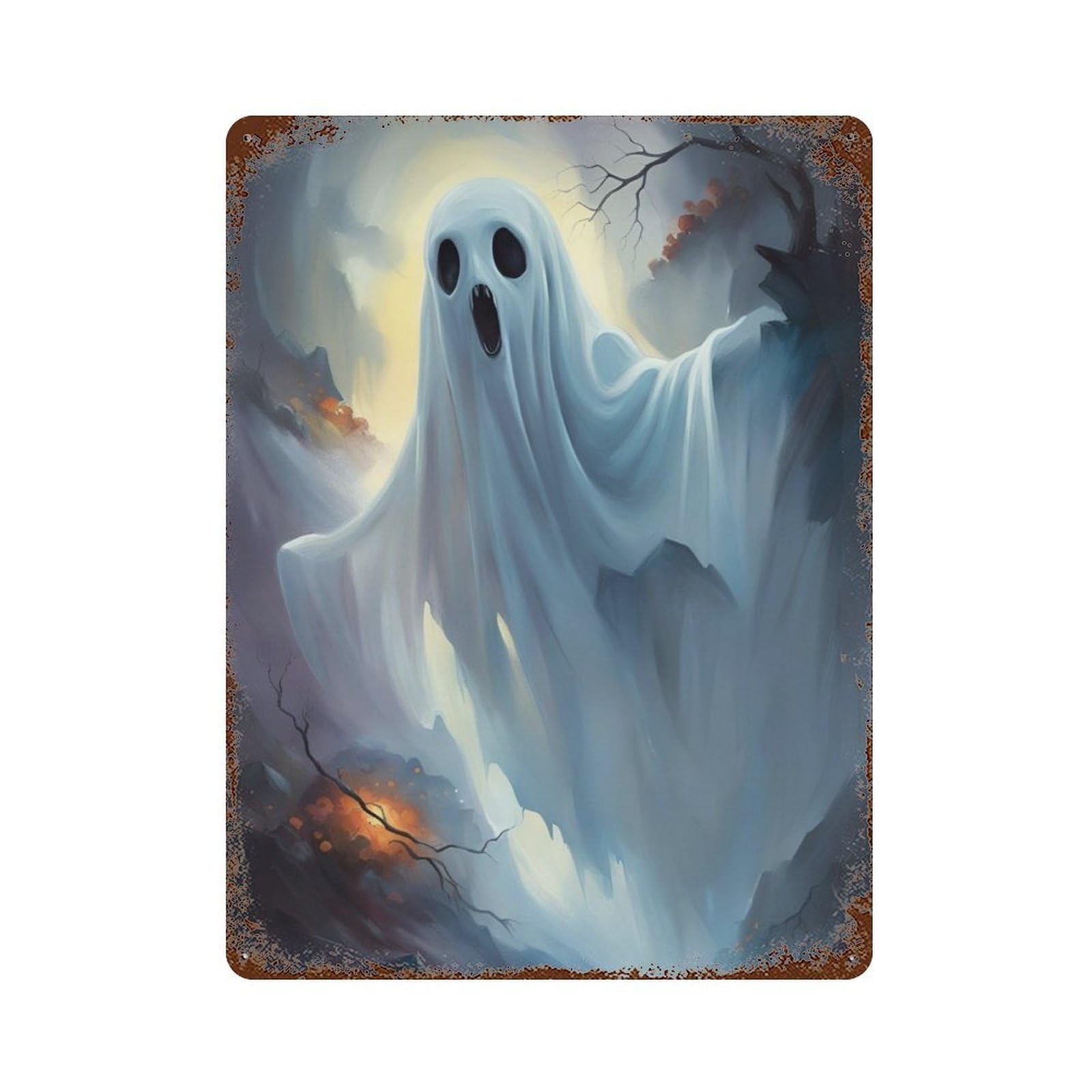 Spooky Ghost Scene 15.7"x11.8" Retro Metal Sign, Industrial Home Decor for Basement, Hobby Room And Garage Decor