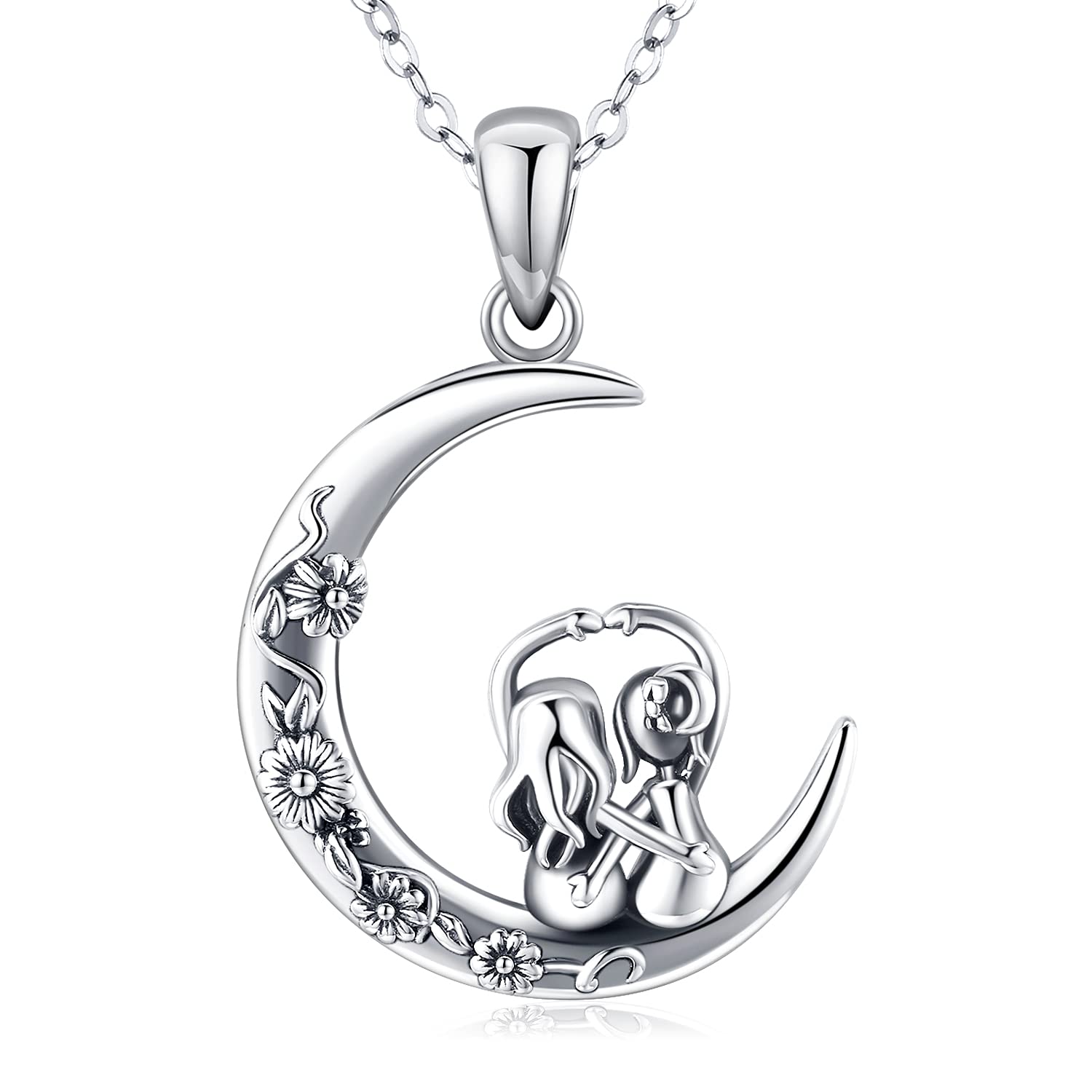 Friggem Árbol de la vida hermanas collar para mujer, plata de ley hermanas luna colgante media luna collar, cadena de 18.0 inch árbol de la vida amistad joyas regalos para mujeres hermana madre