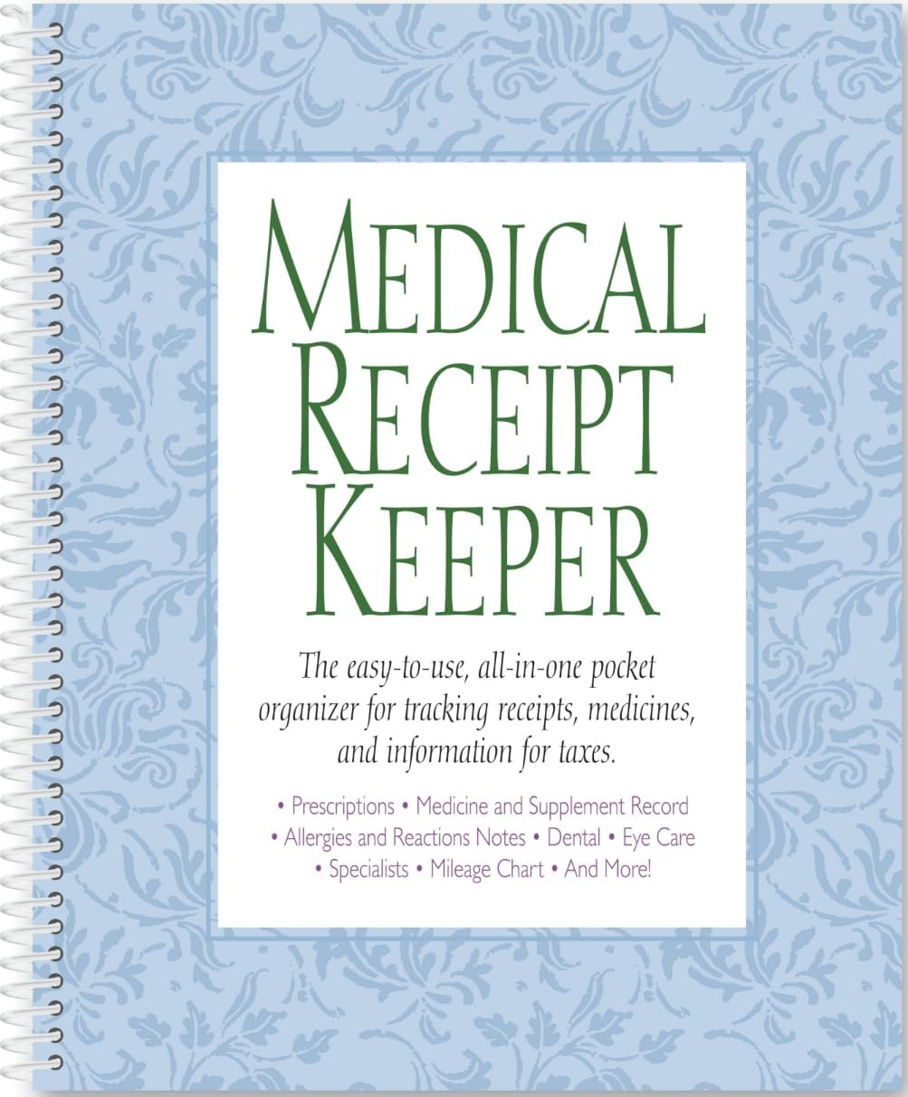 Medical Receipt Keeper, 10 x 8 inches, Health Records Organizer with Tracking for Prescriptions, Appointments, Insurance, Daily Medications. 4 folder pockets for receipts and other documents, 22 pages