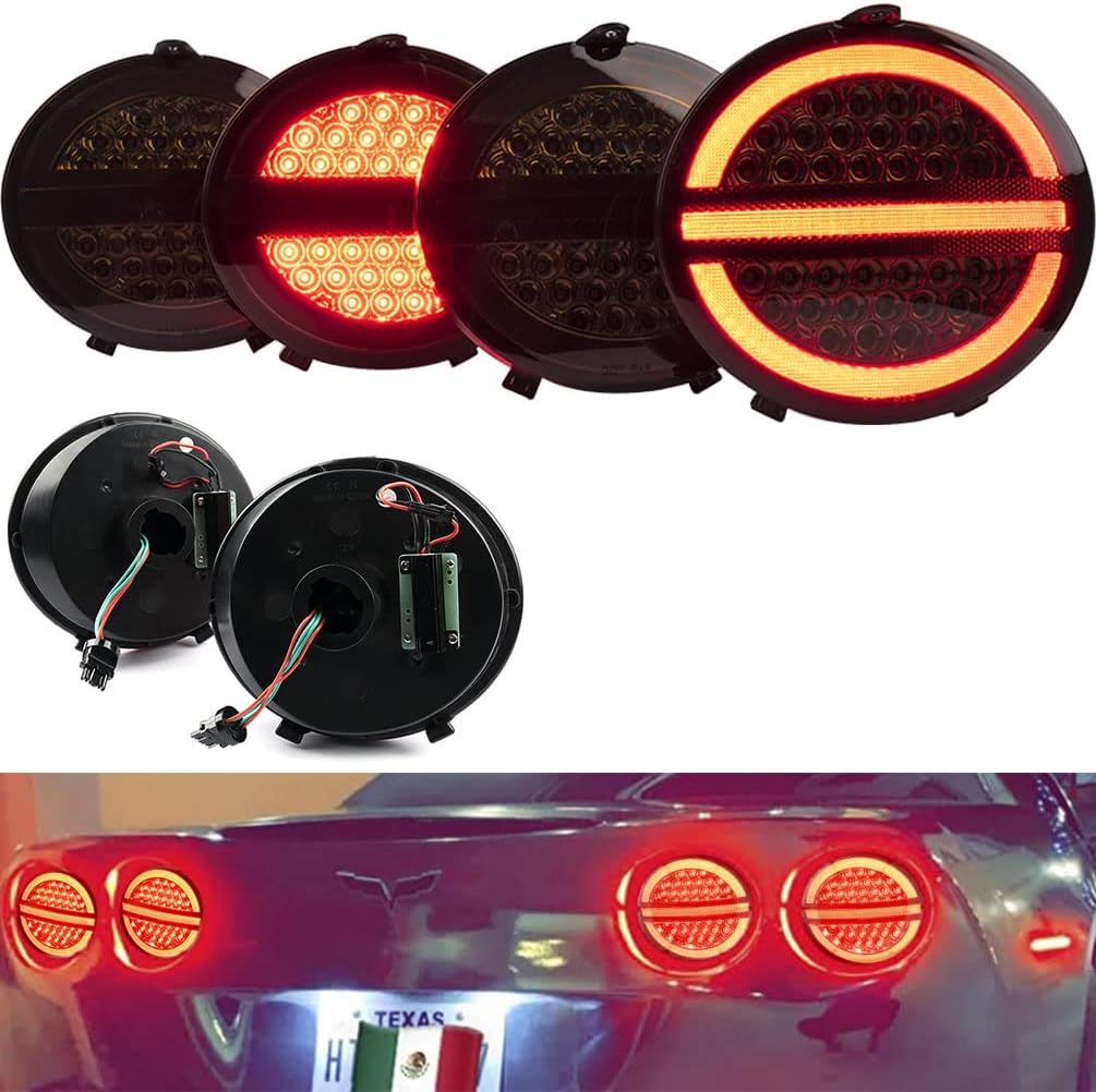 C6 Corvette LED Tail Turn Signal Light Assembly For Chevy Corvette 2005-2013 C6 ZR1 Grand Sport 427 Base Z06 Carbon Vette Rear Taillights Driving Running Brake Lamps Smoked Lens OEM 22762674 25958215