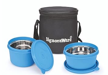 Monarch Executive Small Microwave Safe Lunch Box (2 Stainless Steel Containers + Insulated Bag) (500ml+350ml, Set of 2, Blue Office Series)