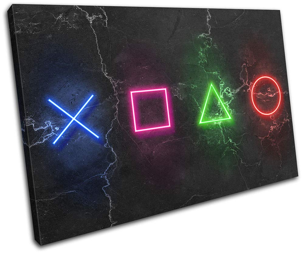 Sponsored Ad – Bold Bloc Design - Play Station Symbols Neon Gaming 60x40cm SINGLE Canvas Art Print Box Framed Picture Wall Hanging - Hand Made In The UK - Framed And Ready To Hang 13-2757(00B)-SG32-LO-B