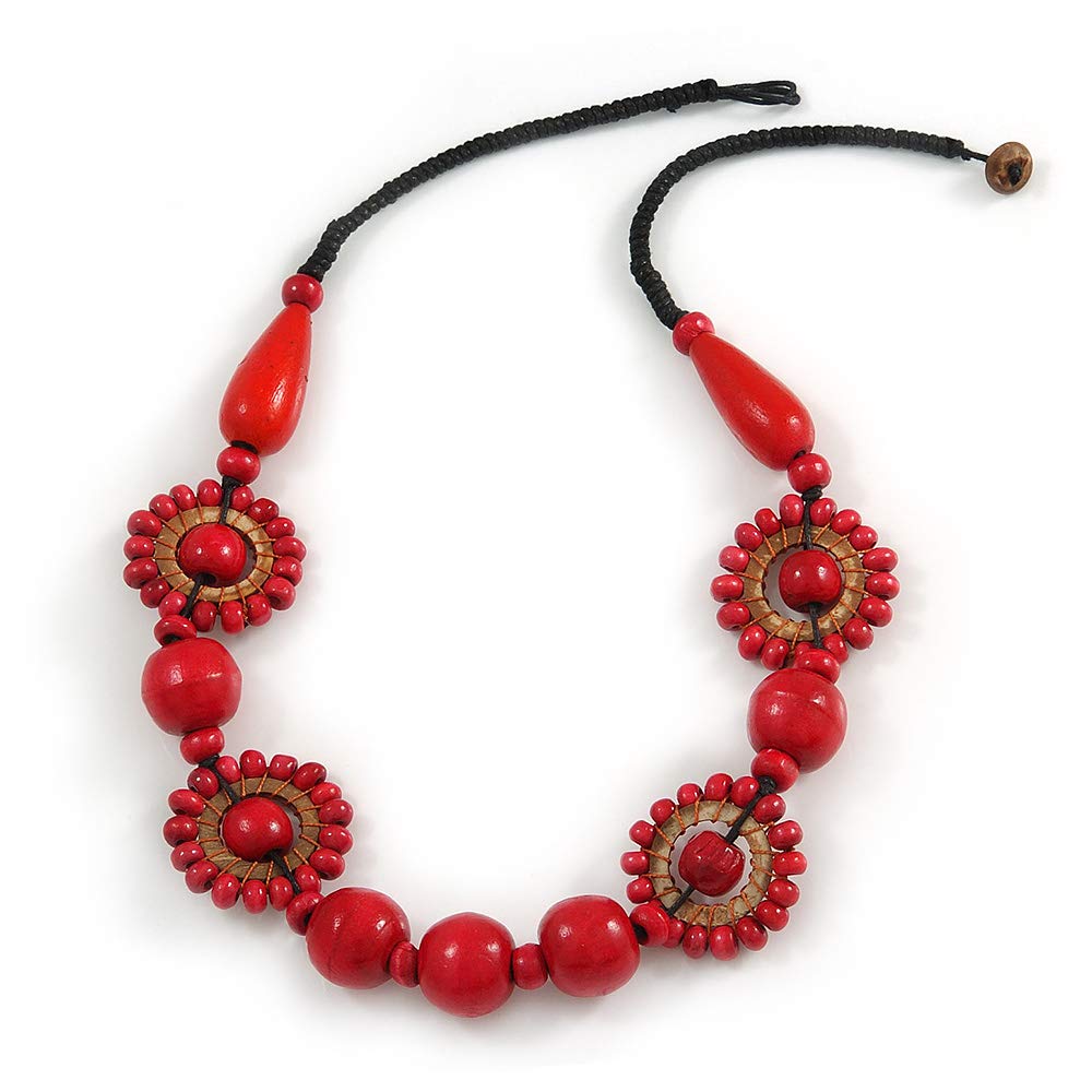 Collana Etnica Avalaya In Corda Nera Con Perline Di Legno Rosso - Lunga 60 Cm, Chiusura A Bottone, Stile Boho - 2