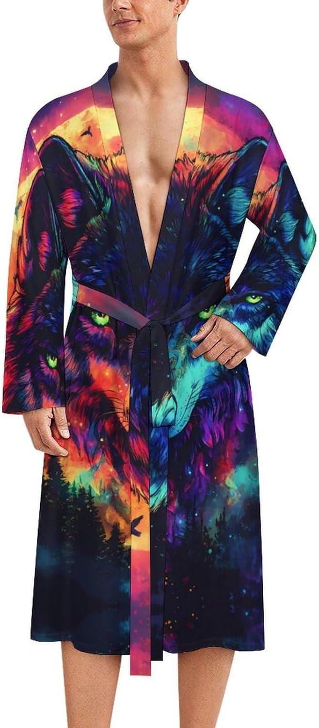 Colorful Wolf And Moon Mens Robe Long Bathrobe for Women Bath Robes Lightweight Soft Printed Sleepwear
