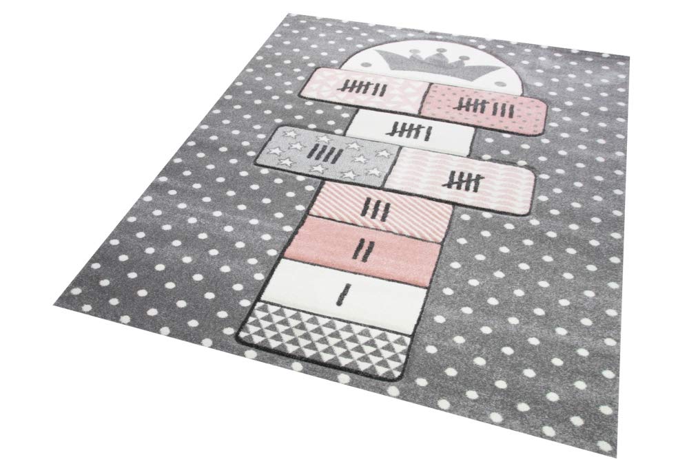 Merinos Kinderteppich Hüpfspiel Teppich Hüpfkästchen in Grau Rosa Creme Größe 80x150 cm