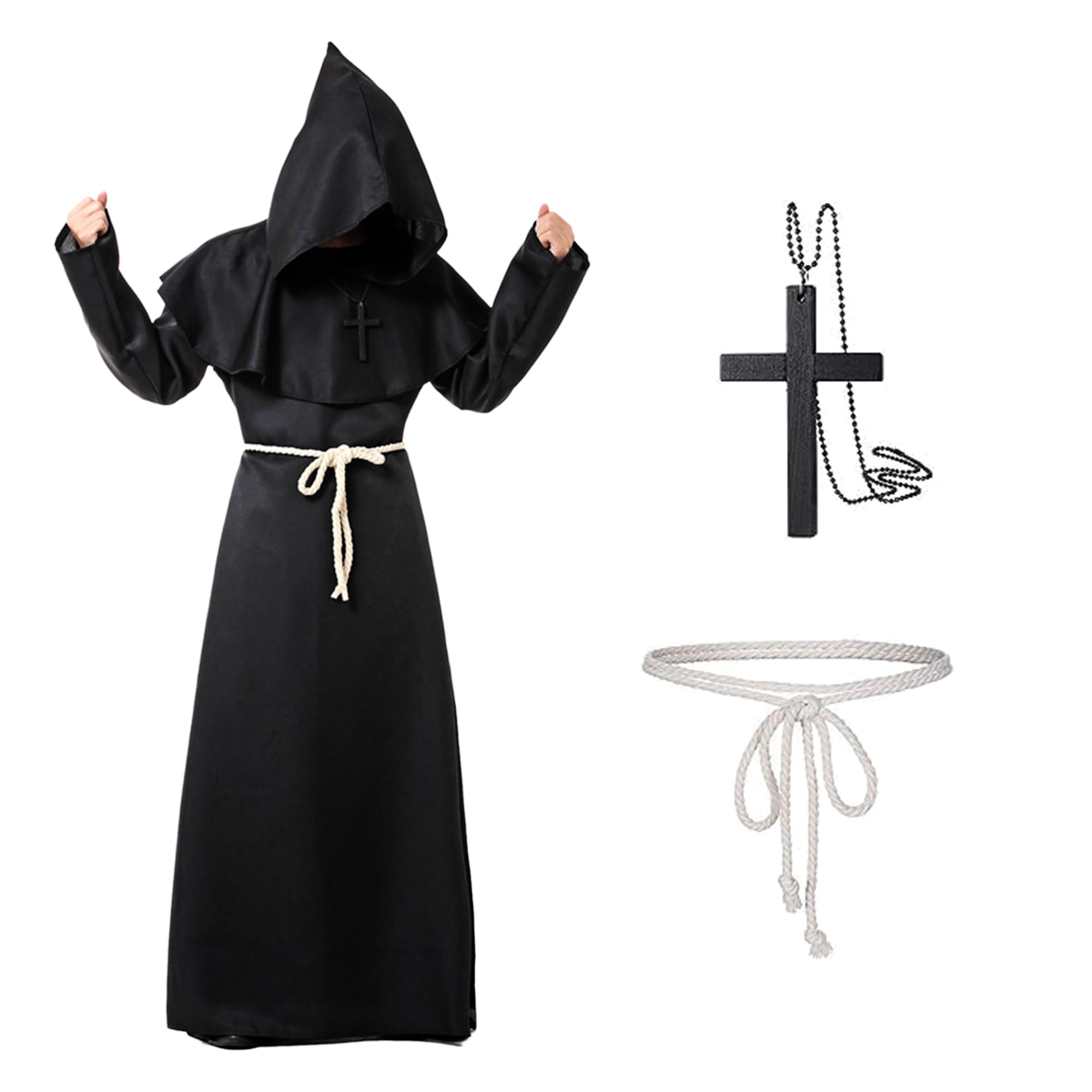 Monk Costume with Hooded Cross, Halloween Costumes Men, Medieval Costume Men, Men's Cosplay Hooded Monk robe, Monk's Cowl Costume for Halloween Medieval Renaissance (Black, L)