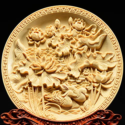 美品☆木彫り工芸品 置物 お皿 仏像 縁起物 鴛鴦水遊び 木彫り置物