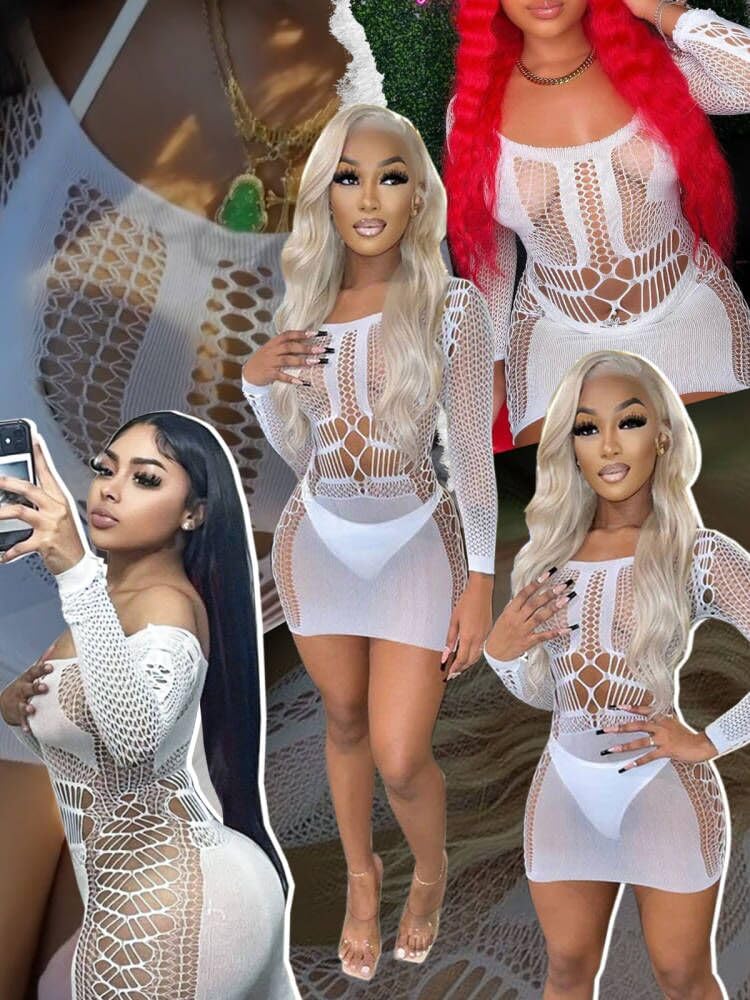 Buitifo Sexy Lingerie for Women Fishnet Mini Dress One Piece Babydoll Nightwear: White Medium