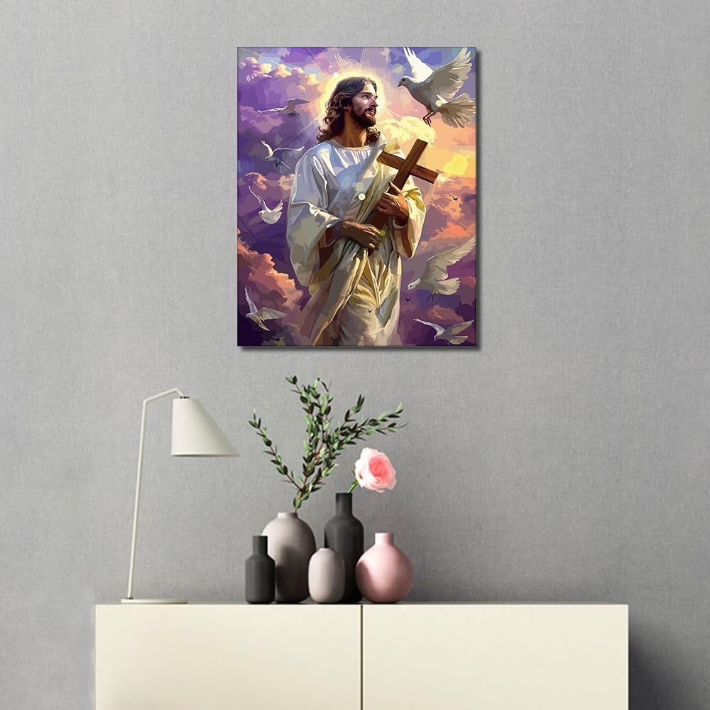 Rebotipy DIY Paint by Numbers Kit - Jesus Christ With Cross and Pigeons - Adult Canvas Oil Hand Painting Craft for Home Decor - 16x20 Inch With Frame