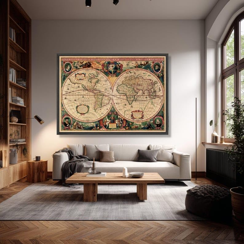 Décoration intérieure vintage avec la carte des deux hémisphères rétro
