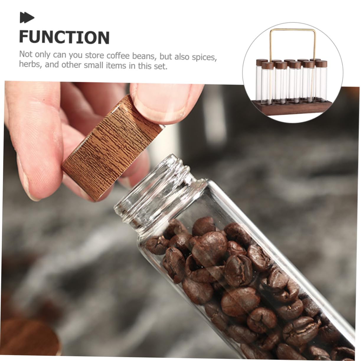 SHOWERORO Glas-kaffeebohnen-fläschchen Mit Deckel Und Holz-präsentationsständer Zur Aufbewahrung Von Kaffeebohnen Tee Süßigkeiten Und Gewürzen