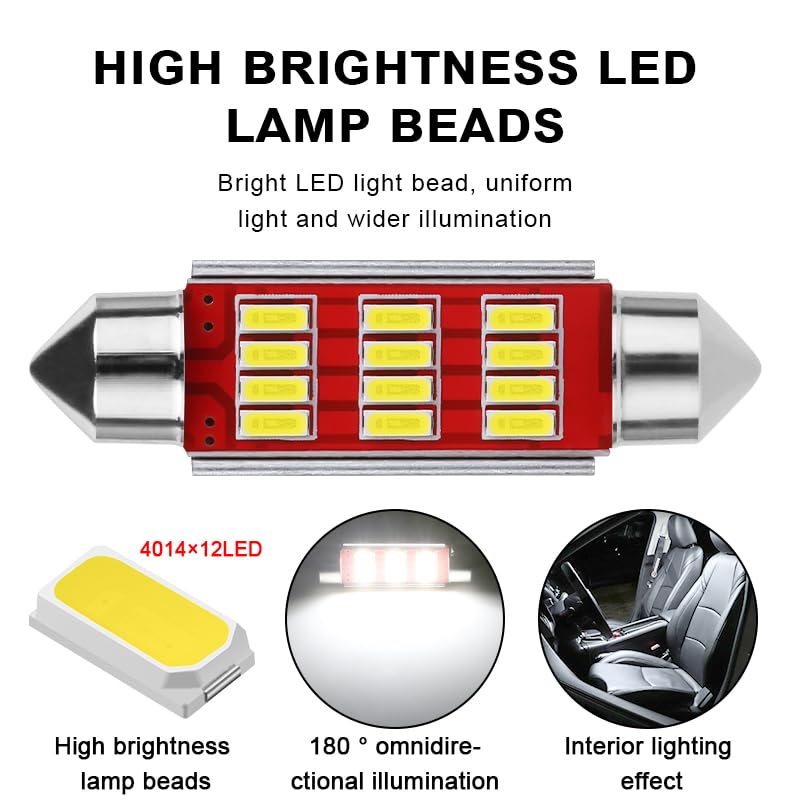 Gudahower Automotive Dome Light Bulbs Car LED decoding double tip 4014 12SMD for door roof light reading Interior lighting trunk 31/36/39/41MM 4014 (1pack/ 4pcs) (31MM)