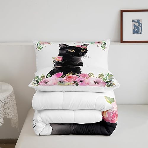 Miniatura 5 de Erosebridal Juego de edredón de gato negro tamaño Queen, juego de ropa de cama de gatito para niños y niñas, bonito edredón de animales para