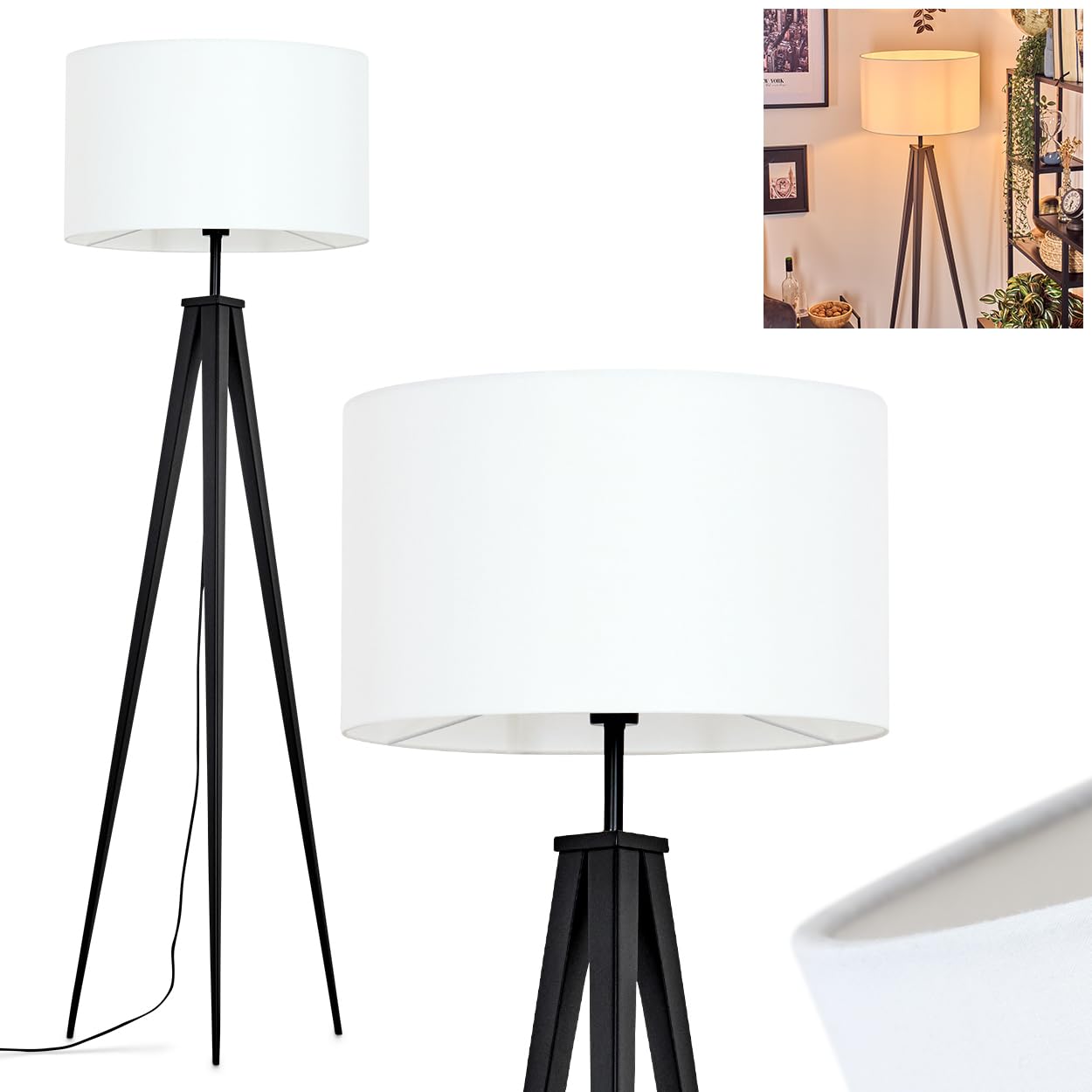 HOFSTEIN Stehleuchte Flemming, Stehlampe aus Metall/Stoff in Schwarz/Weiß, Leuchte im Boho-Style, skandinavisches Design (Ø 50 cm), Höhe 162 cm, mit Fußschalter, 1 x E27, ohne Leuchtmittel