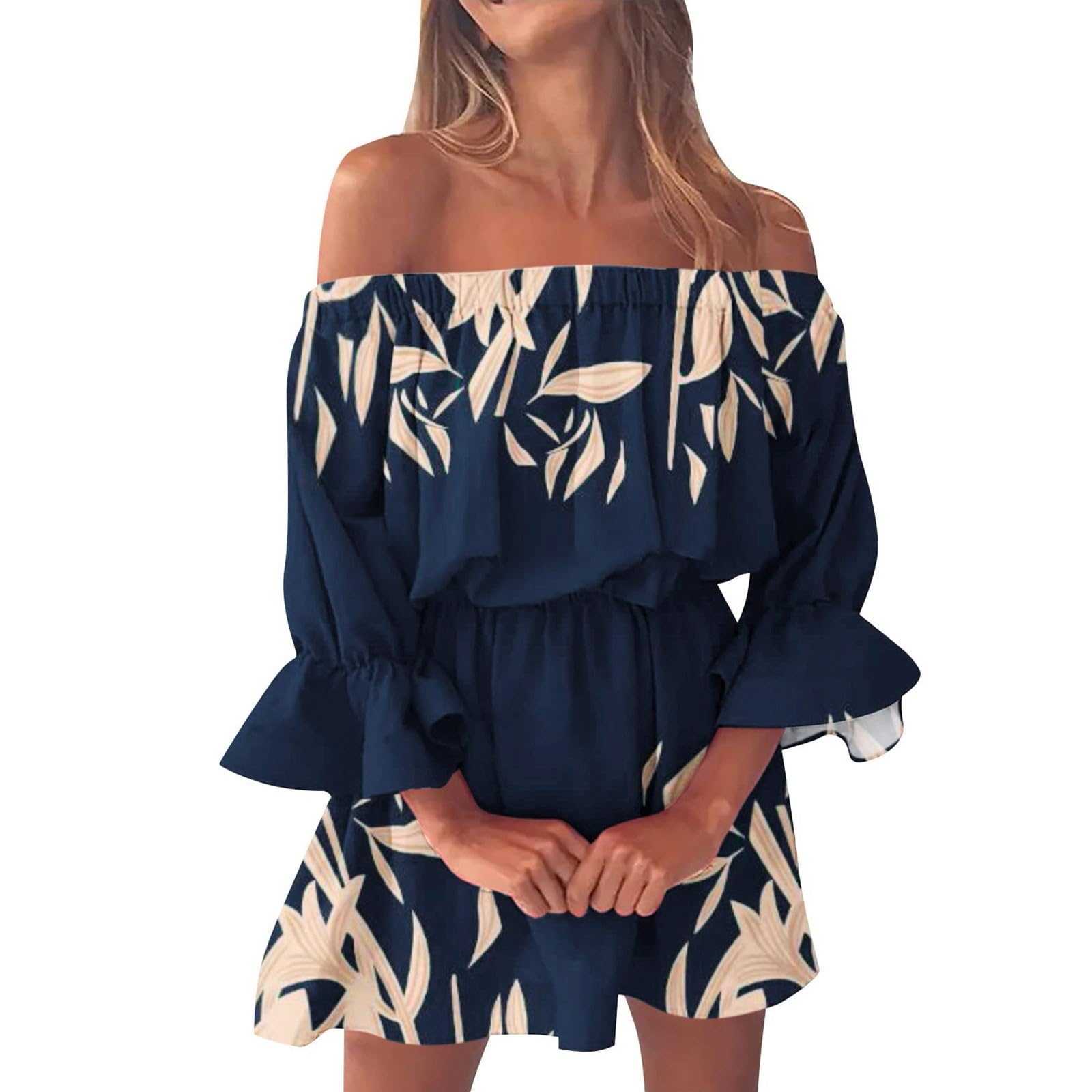 Générique 2024 - Vestidos de verano para mujer 2022 Playa Sexy fuera del hombro Túnica Vestidos de verano casuales de corte suelto Campana Mangas Mini Vestido Floral Mujeres Vestidos Primavera