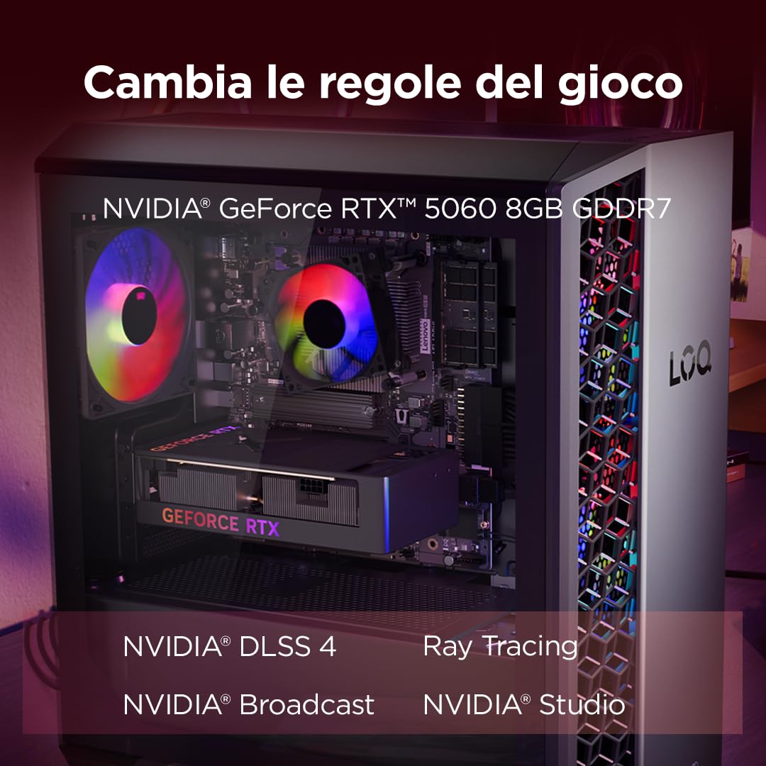 Lenovo LOQ Gaming Desktop 26L - (Processore AMD Ryzen 7-8745HX, RAM 2x8GB, Memoria 1 TB SSD, NVIDIA GeForce RTX 5060 8GB GDDR7, Windows 11) -Luna Grigio+Eclipse Nero - Esclusiva Amazon