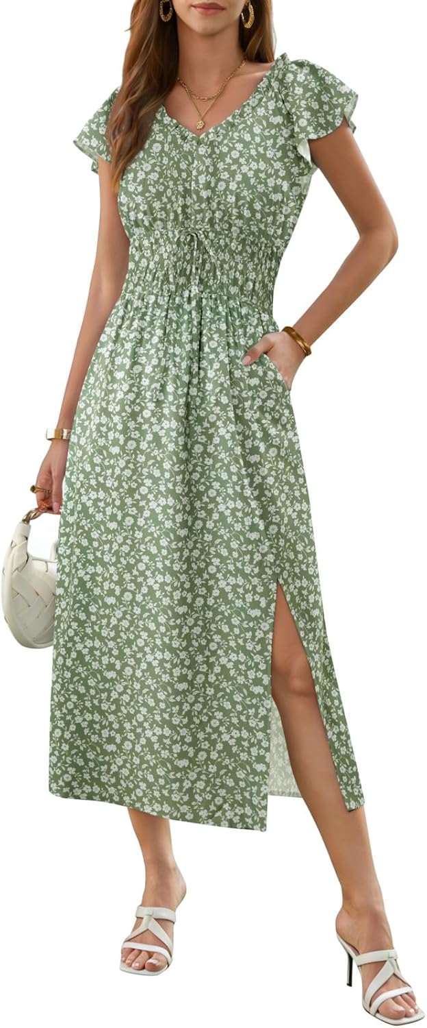 Summer Dresses for Women 2026 Casual Ruffle Split Short Sleeve A-Line Boho Floral Green Maxi Beach Sun Dress with Pockets S