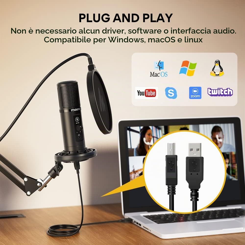 MAONO Microfono USB Monitoraggio latenza zero AU-PM422 192KHZMicrofono professionale condensatore cardioide con pulsante Touch Mute manopola guadagno del microfono per registrazione,podcast,YouTube