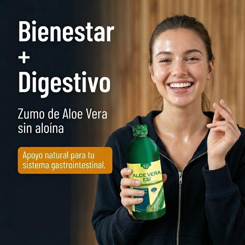 ESI Aloe Vera Gel Puro - Zumo sin aloína, natural con de polisacáridos - Sin gluten, sin lactosa, sin OGM - Apto para veganos - Botella PET con tapón dosificador