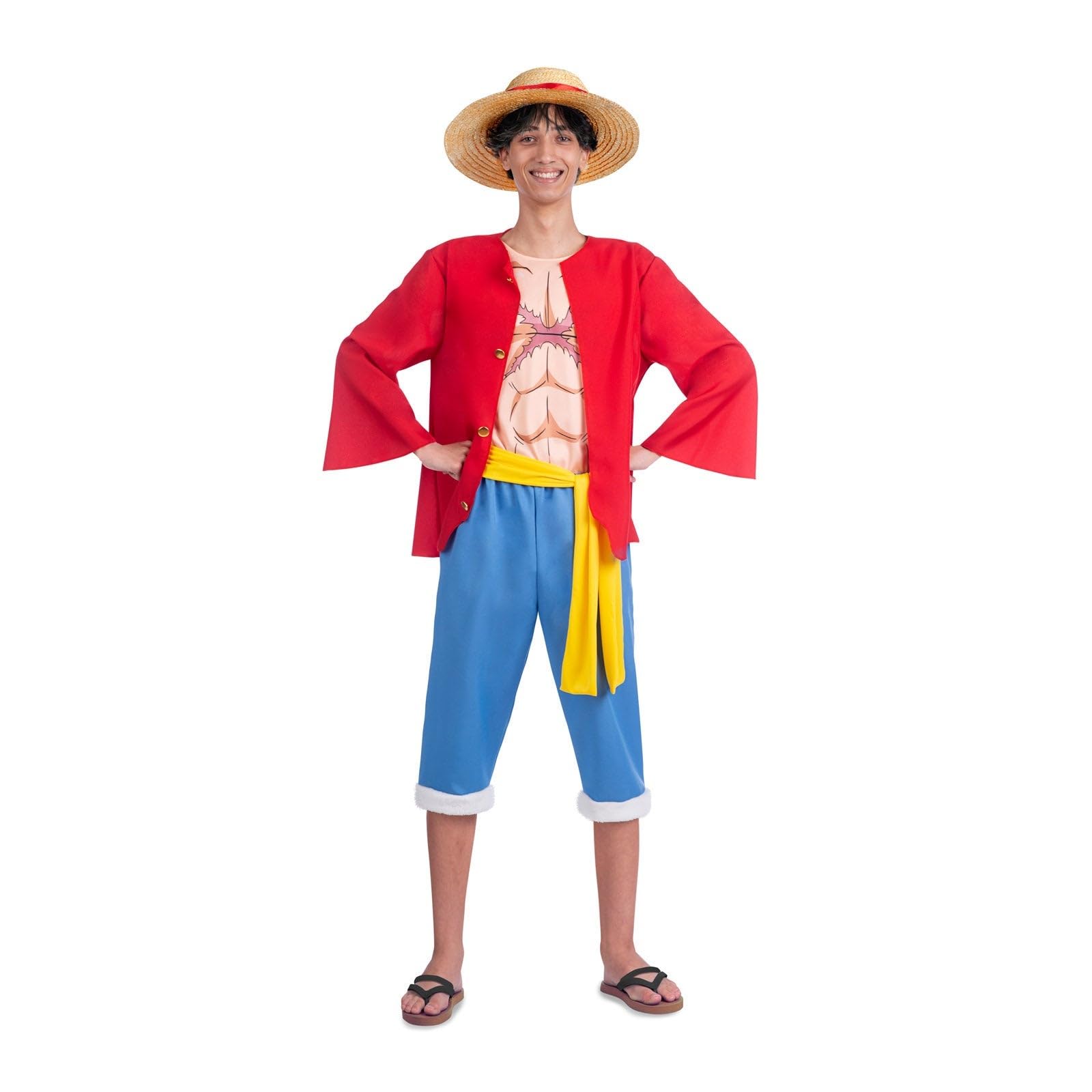 My Other Me Disfraz para hombre adulto de Luffy con sombrero, chaqueta, camiseta, fajín y pantalón en rojo y azul. Perfecto para conquistar los siete mares en estilo único