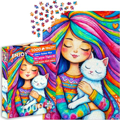 Puzzle 1000 pièces pour Adultes - Câlin d'une Petite Fille Arc-en-Ciel et d'un Chat Blanc | Finition Mate antireflet | Puzzle Amusant et exigeant | 68 x 48 cm | Cadeau Original | Enjoy