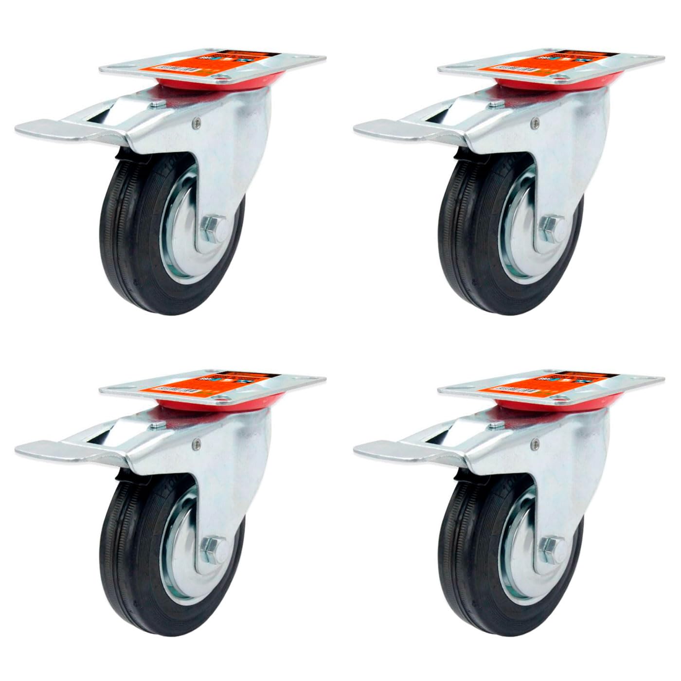 ACAN Tradineur - Pack de 4 ruedas giratorias con freno para muebles, incluyen placa de montaje, goma y hierro, rueda de transporte para cargas pesadas, industrial, Ø 100 mm