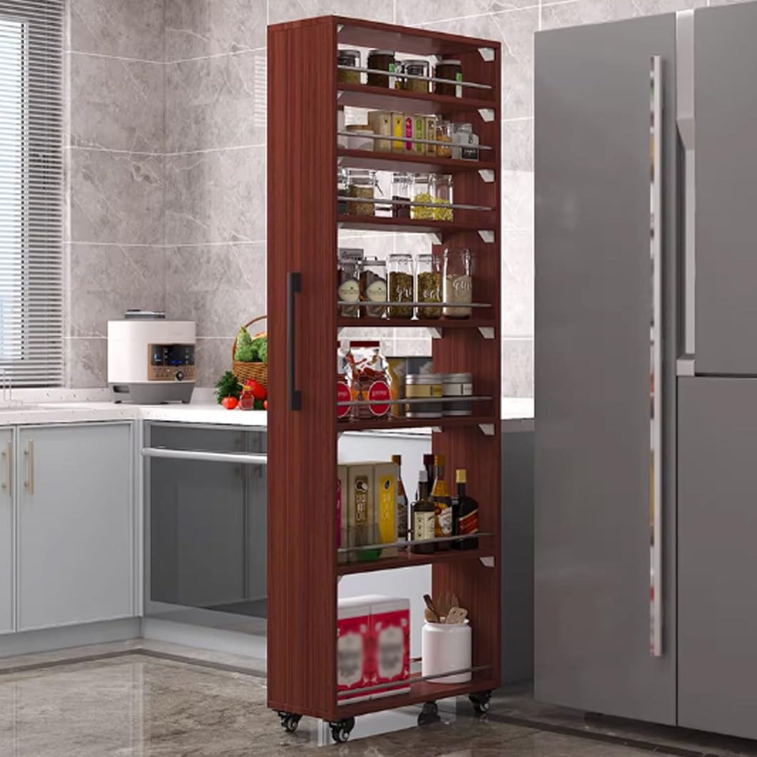 72.4in Rolling Storage Rack Slim Kitchen Cart with Wheels & Handle Narrow Pantry Dark Walnut Finish Ideal for Small Spaces 9.8"x21.6"x72.4"