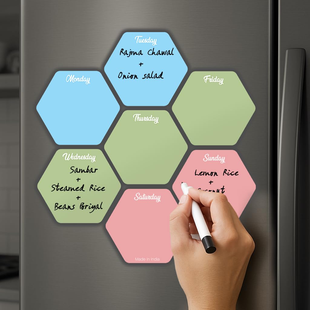 Weekly Meal Planner | Acrylic Honeycomb Design for Fridge Magnets with Markers | Stay Organized | Adorable Meal Planner Magnets for Each Day of The Week | 7 Pcs..
