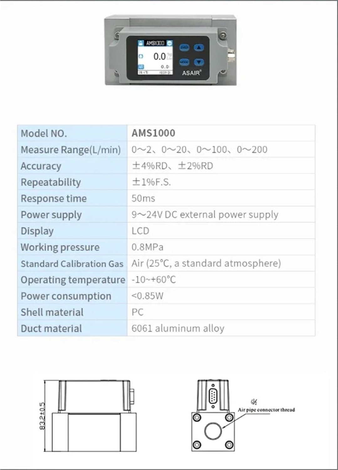 AMS1000 High Precision Thermal Mass Flow Meter Oxygen Compressed Air Flow Meter(CO2 AR 0-2L)