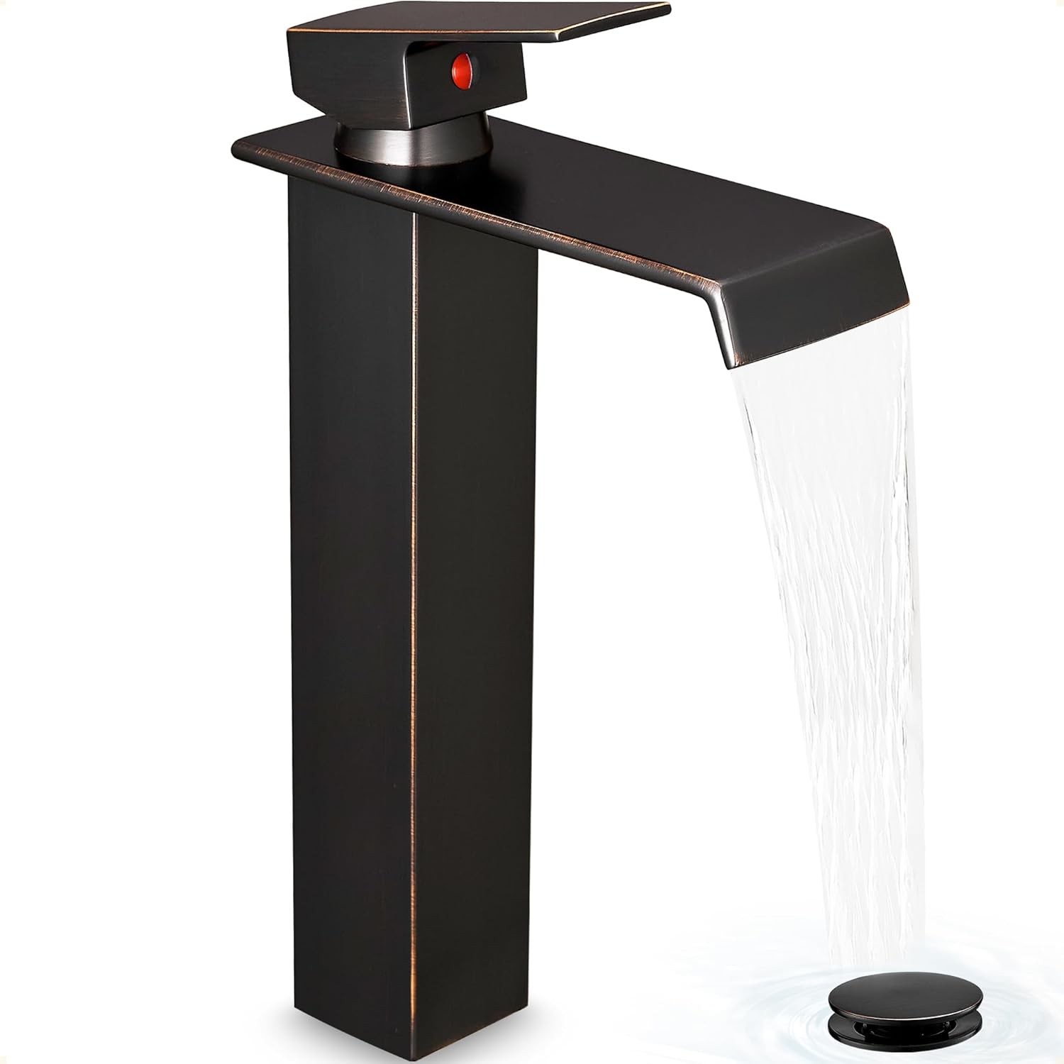 Oil Rubbed Bronze Vessel Sink Faucet 1 Hole, Brass Waterfall Tall Bathroom Faucet Single Handle with Pop Up Drain and Supply Hoses for Vanity Restroom Modern