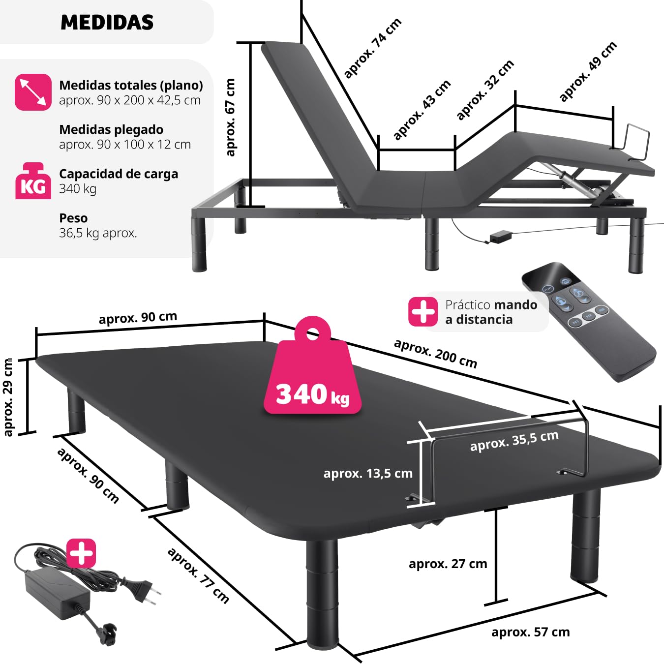 tectake® Somier de Láminas Regulable Eléctricamente Respaldo y Reposapiés, Mando a Distancia, Estructura de Acero, 6 Patas Ajustables, Apto para Colchones, Cubierta de Poliéster, Plegable, 90x200cm
