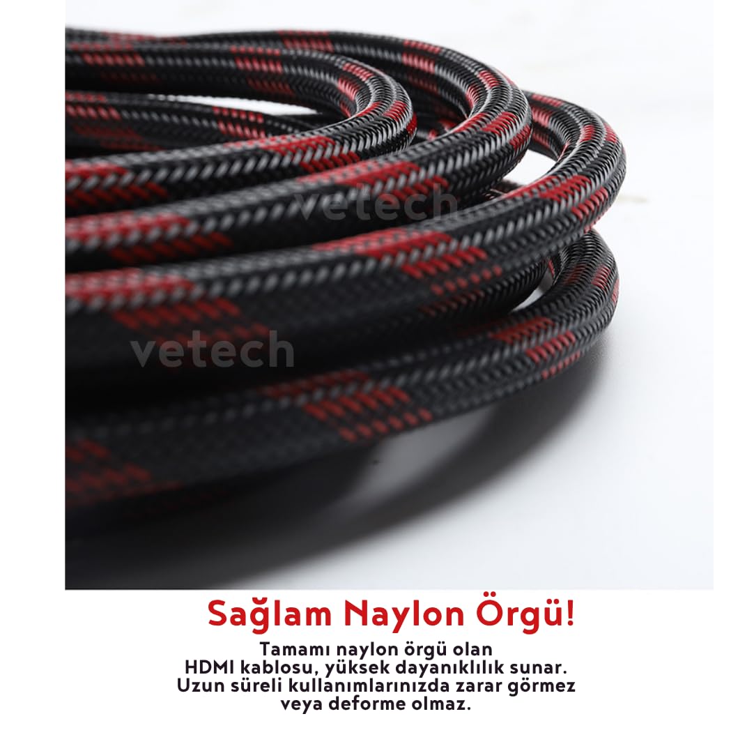 Vetech 1.5 Metre HDMI Kablo Örgü Sargılı Dayanıklı Full HD Televizyon/Monitör/TV Hdmi Kablosu/Uydu Alıcısı Uyumlu hdmi kablosu