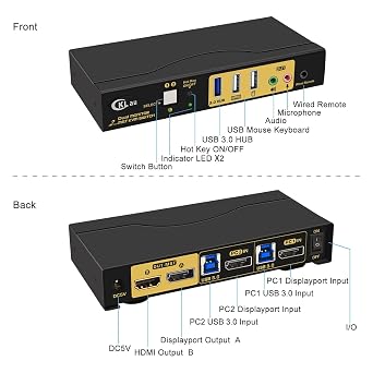 MST Dual Monitor KVM Switch Displayport HDMI 4K60Hz 2K@144Hz (1 DP in, DP + HDMI Out) with Audio, Microphone, All Input Cables, USB 3.0 Hub for 2 Computers Supports Keyboard Mouse Switching