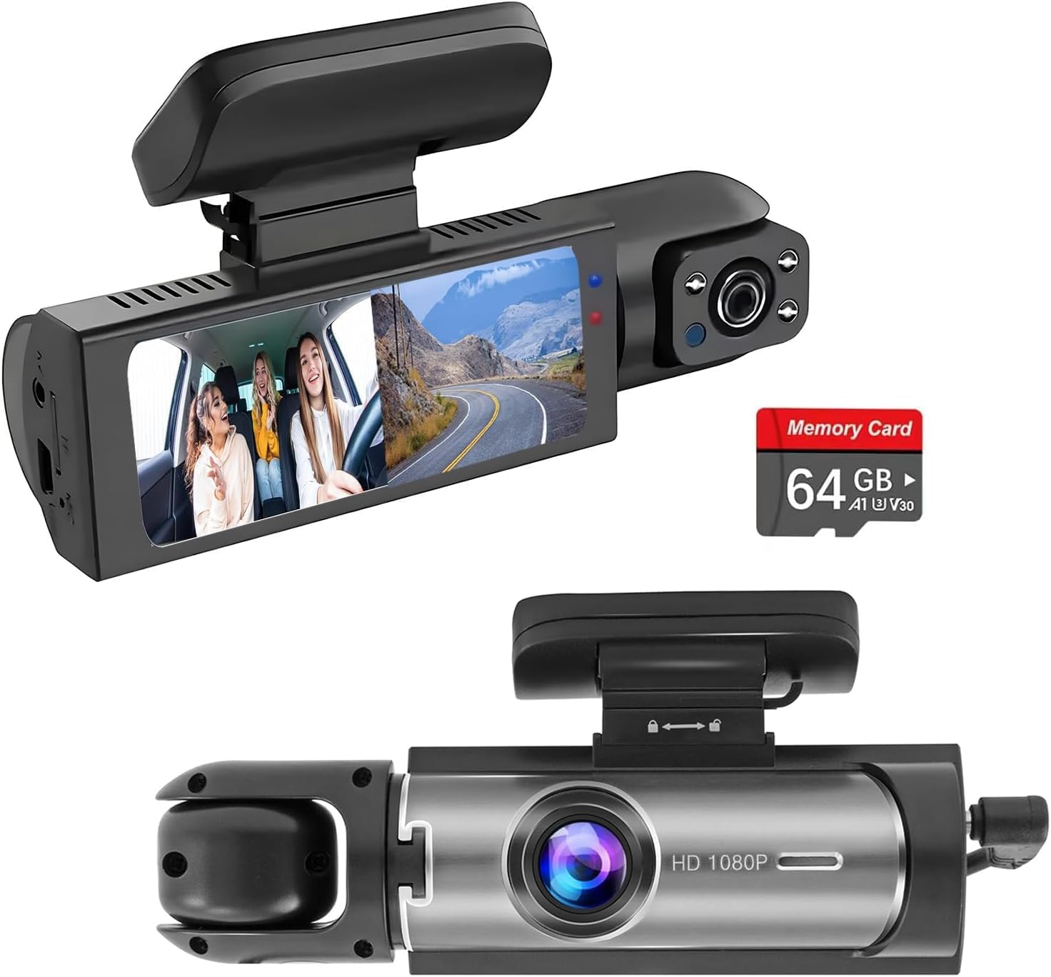 Dashcam Front and Inside,Car Camera Dash Cam for Cars,Driving Recorder with IR Night Vision,Loop Recording,Wide Angle Lens,3.16 Inch IPS Screen,Parking Mode (Silver)