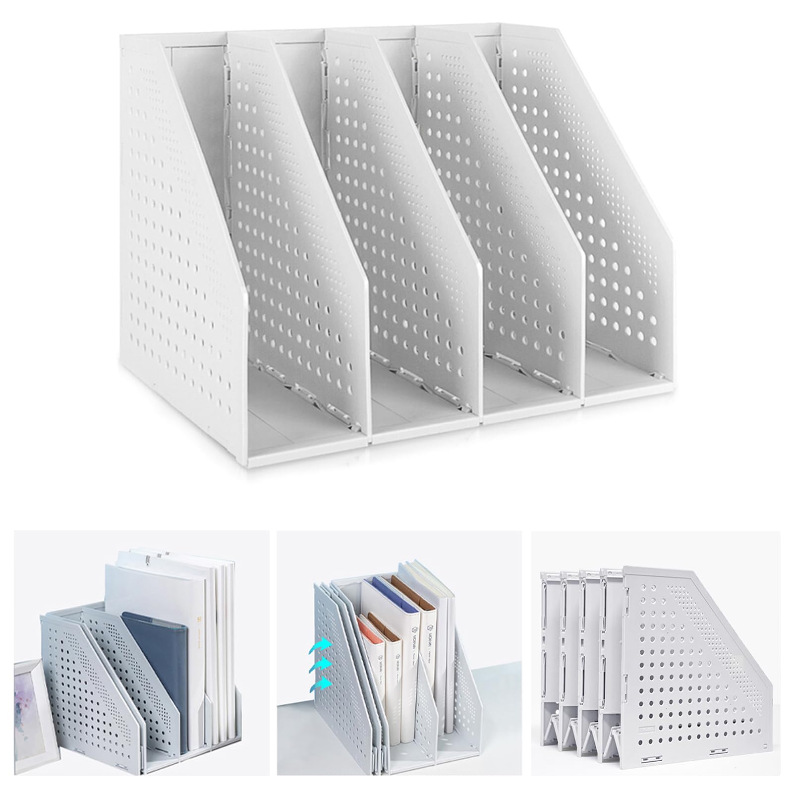 Marte Vanci Collapsible Magazine File Holder Desktop Book Organiser Lever Arch File Storage Folder Document Rack Divider Adjustable for Office School Desk Shelves 4 Compartment (Light Grey)