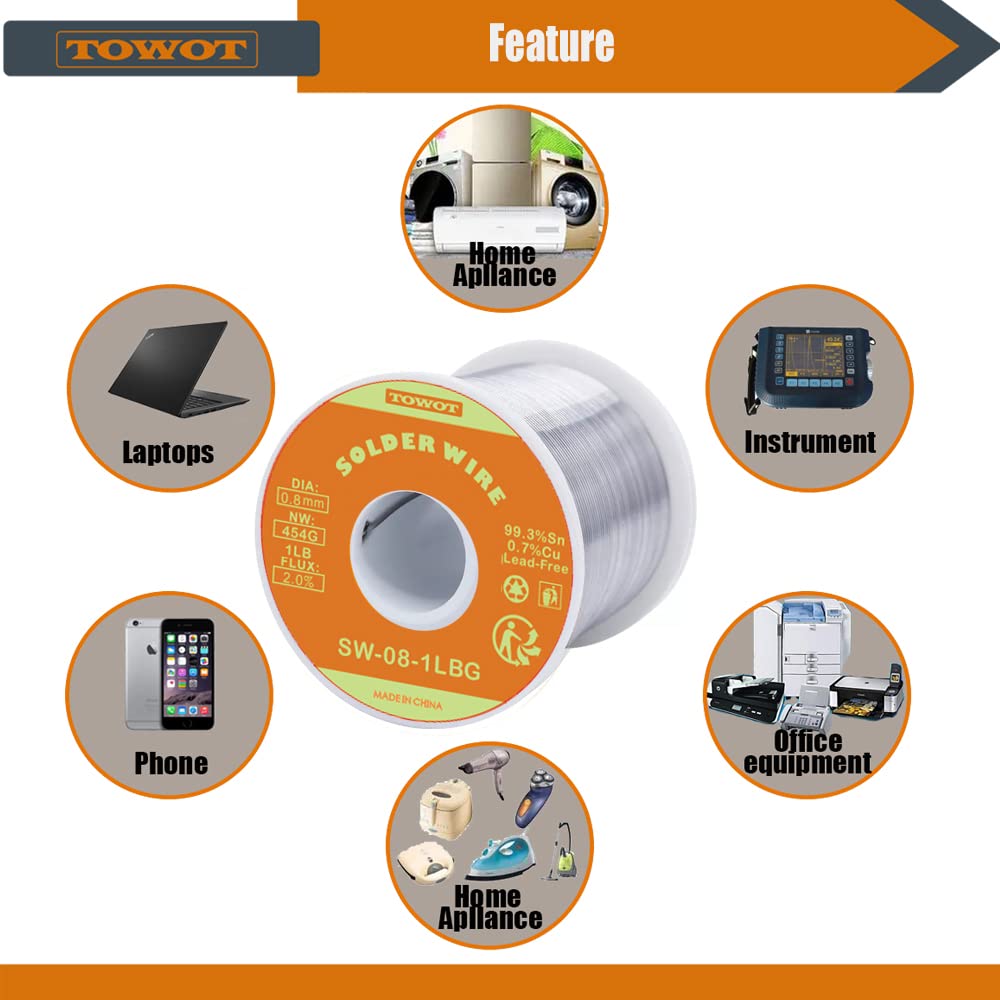 TOWOT Fil de Soudure Sans Plomb, Soudure Douce Avec Noyau de Colophane Pour Soudure Électrique (Sn99.3 % Cu0.7%/0.8mm,500g) SW
