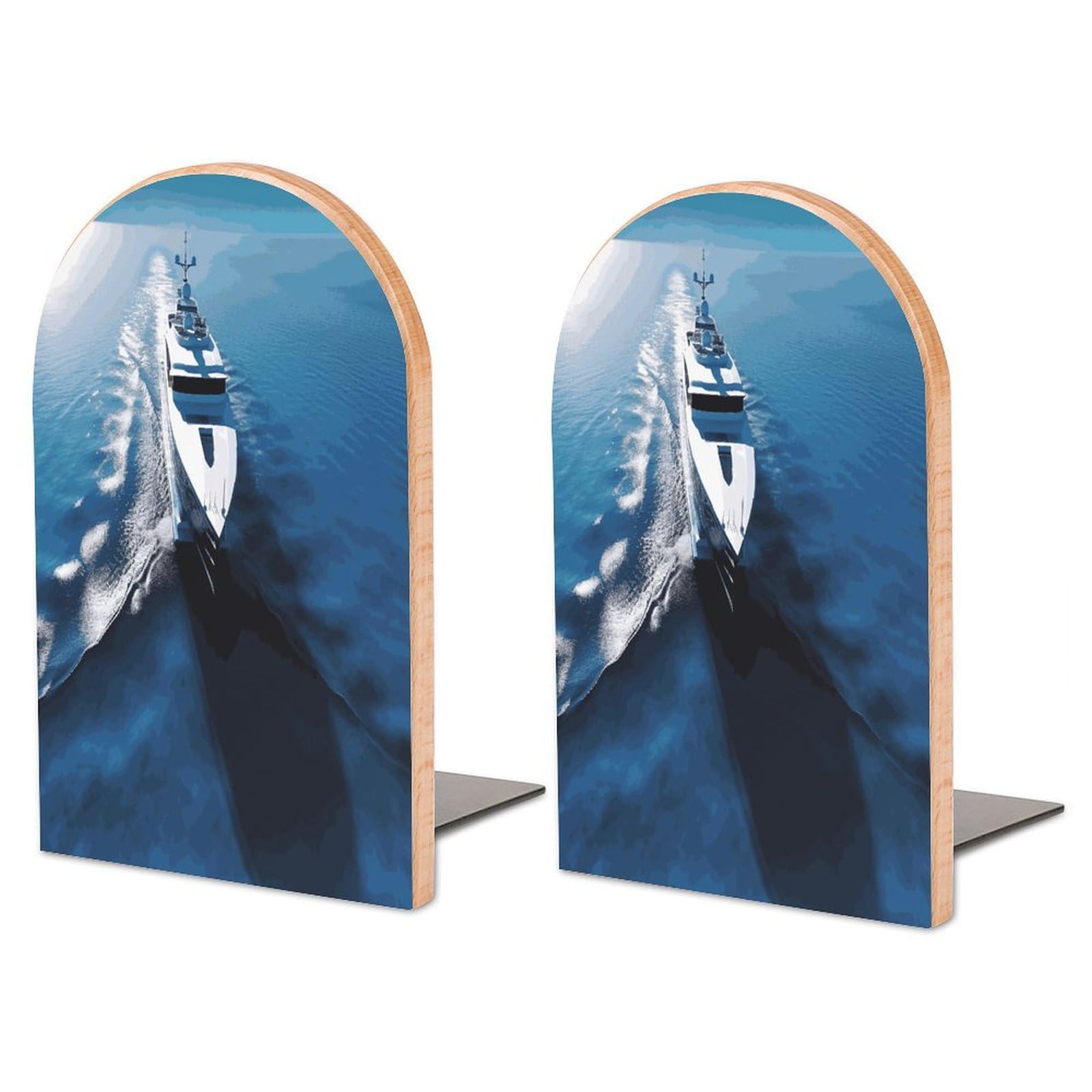 Large Yacht Book End with Metal Base Fashion Heavy Duty Bookend Exquisite Wooden Bookends Non-Skid Book Stopper for Shelves Books Organizer for Office Home 1 Pair