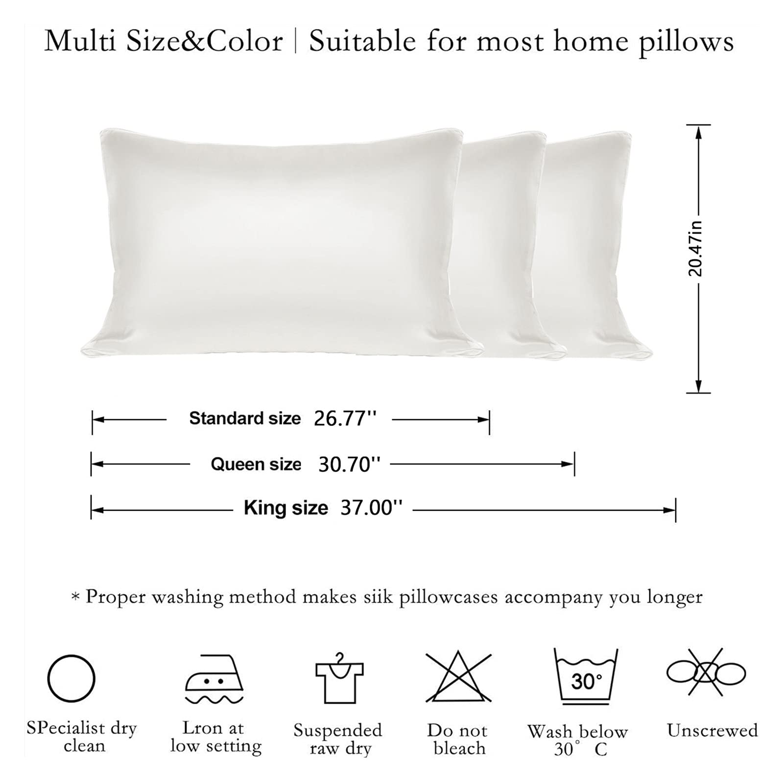 Fundas de Almohada de satén con Cremallera， Fundas de Almohada auténticas puras, 1 Pieza(Light Grey,K)