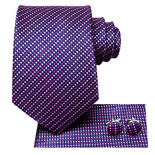 Hi-Tie Purple and Pink Plaid Wedding Tie Mens Silk Necktie and Pocket Square Cufflinks for Business