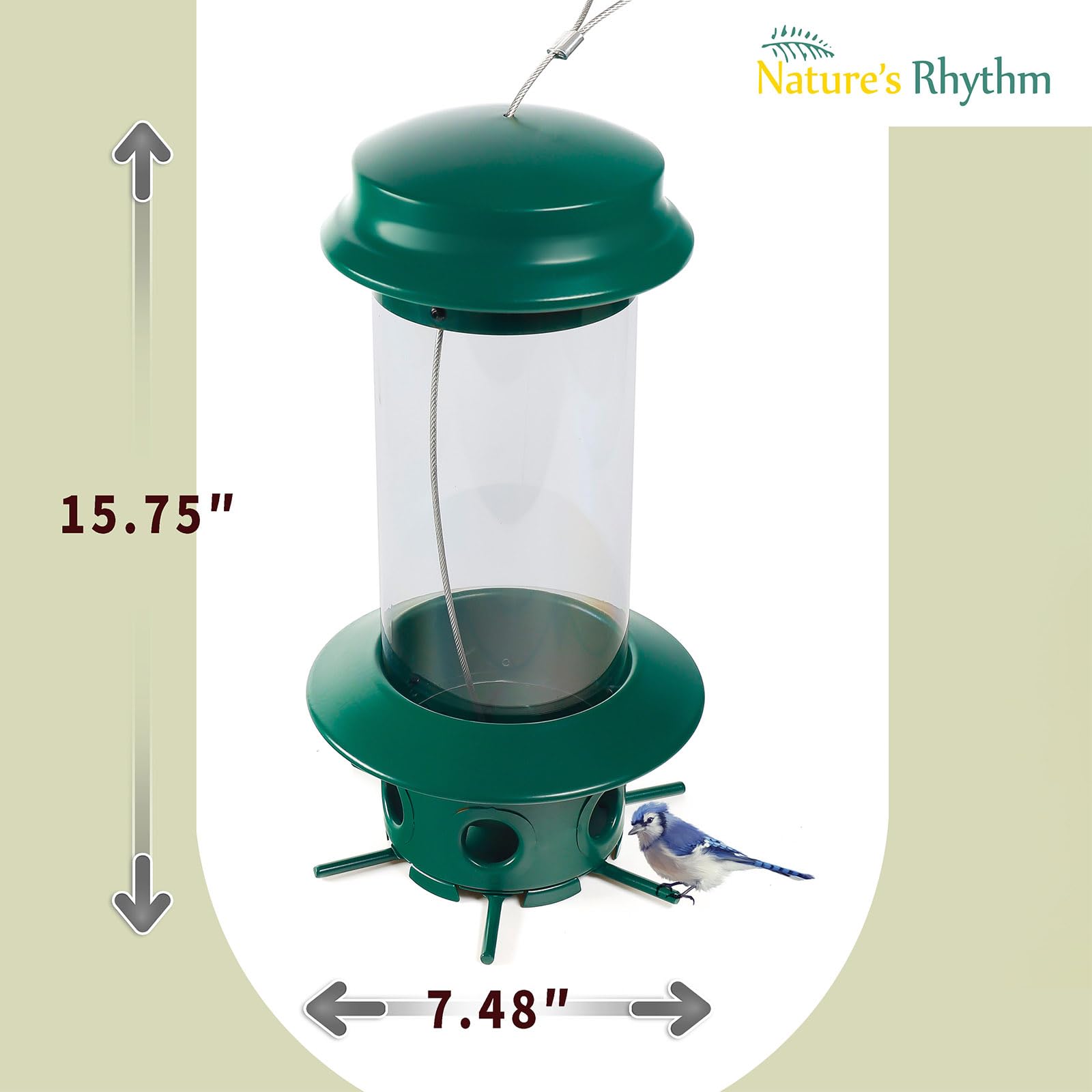 Nature's Rhythm Hängender klassischer Rohr-Futterspender für Wildvögel, Premium-Hartplastik, Stahlaufhänger, wetterfest und wasserabweisend