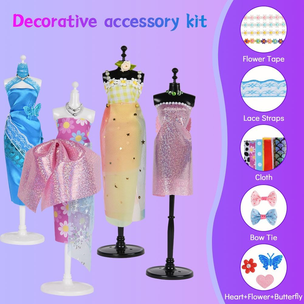 Aomig Modedesign Mädchen, Fashion Designer Studio Bastelset Kinder, DIY Kunst und Bastelset Nähsets Lernspielzeug mit 4 Mannequins, 600PC+ DIY Sewing Crafts Geschenke Mädchen 6-12+ Jahre