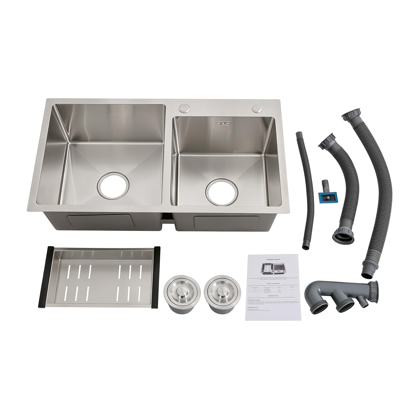 Doppio lavello 201, lavello da cucina in acciaio inox, lavello da incasso, 78 x 43 x 21 cm, rettangolare, con cestello sgocciolatoio, filtro per rifiuti, dispositivo di scarico, lavello da cucina a 2