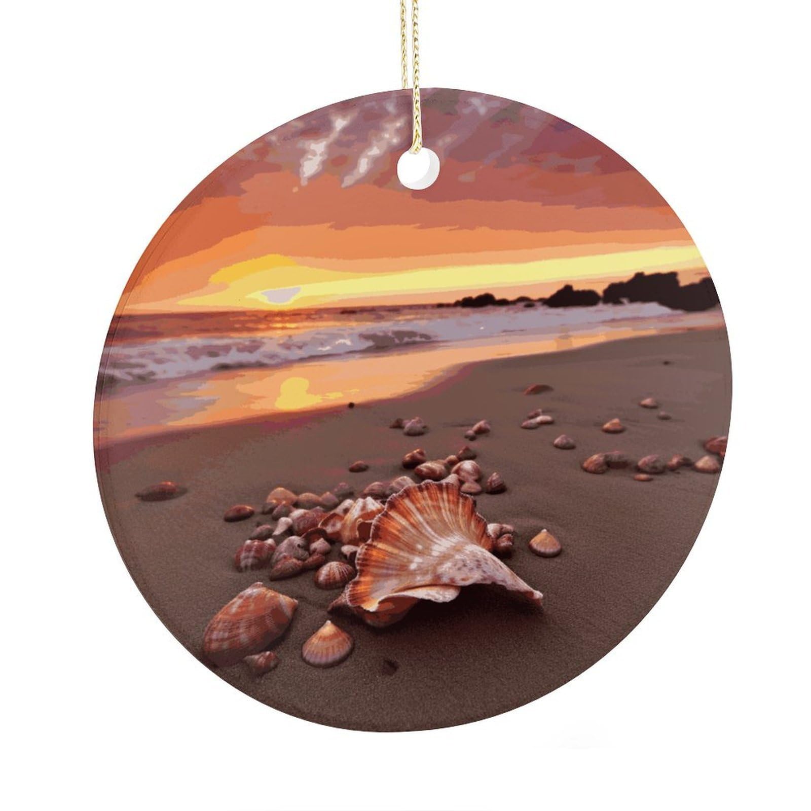 Adfgyerh Style Shell Beach Sunset Ceramic Circular Pendant,2.9 Inch，Hanging Ornament，Gift Exchange Idea Round Ceramic Ornament,For Mom And Daughter，For Home Indoor Outdoor Decor.
